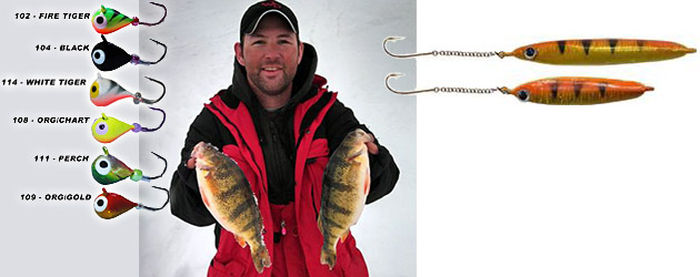 Josh Clawson with 2 North Dakota jumbo ice fishing caught yellow perch using Skandia Pelkie Tungsten jigs and Smelt Sticks