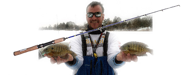 HardWater Maniac Ray Tiffany, pictured here with two big bluegill, recommends Skandia Noodle Rods for ice fishing with long rods