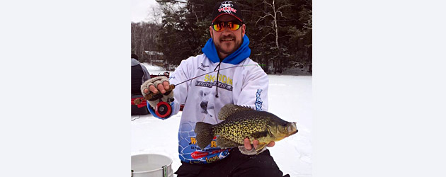 Ray Tiffany with a big ice fishing crappie caught on the Skandia Tungsten Tear Drop f630x250