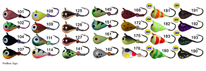 Skandia Pelkie Tungsten ice jigs color sheet includes many awesome colors including Wonderbread for a limited time.