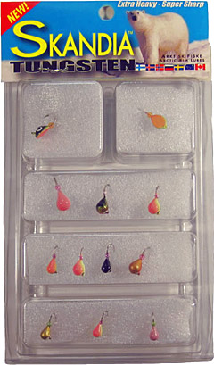 11 piece Skandia Tungsten Jig kit featuring all your favorite sizes and colors, and super sharp white nickel hooks