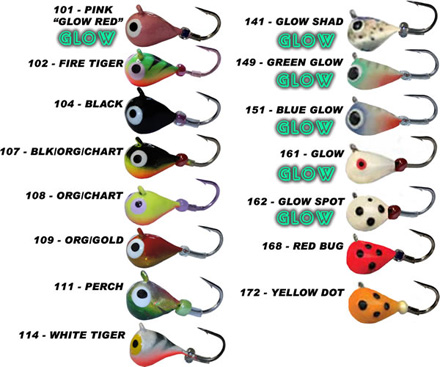 Skandia Pelkie Tungsten ice fishing jigs with hot new glow colors