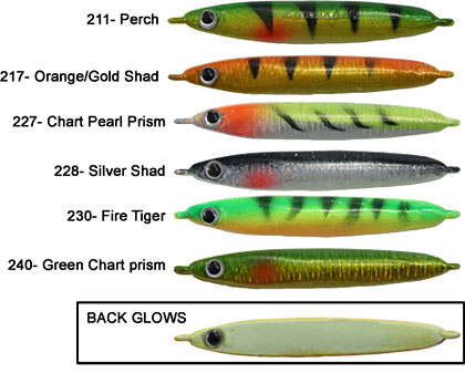 K&E Stopper Lures Smelt Stick Color Chart including Bright Glow Finish on the back of each lure