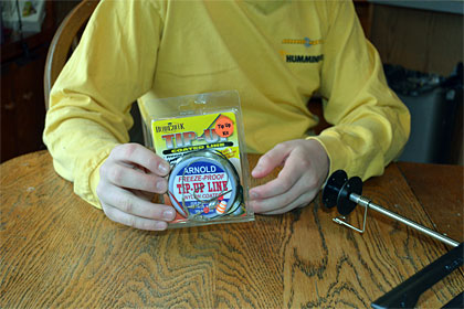 Tip up setup rigging step 2 - tying on your Arnold freeze proof line