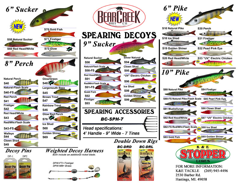 Bear Creek Spearing Decoys styles, colors and accessories chart October 2013