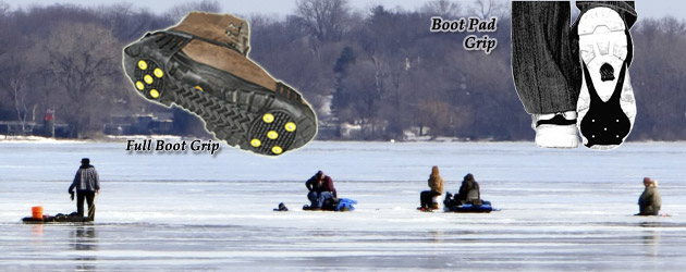 Cruncher Full Boot Grip, Boot Pad Grip and Wrap Strap Grip for ice fishing safety from K&E Tackle