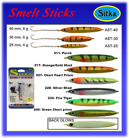 K&E Tackle Sitka Smelt Sticks Color Chart including Bright Glow Finish on the back of each lure