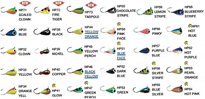 Examples of popular ice jig colors from Joe Devera.