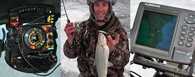 Winter is one of the best times to catch Crystal Lake whitefish – like this one caught by ice angler Andrew Joseph Brunner of Traverse City while jigging deep mud flats. Many ice fishing anglers use flashers and GPS to find schools of whitefish.