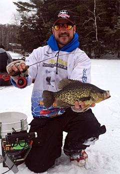Ray Tiffany with a big ice fishing crappie caught on the Skandia Tungsten Tear Drop