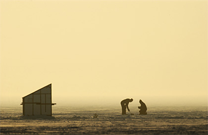 Michigan ice fishing scene with shanty